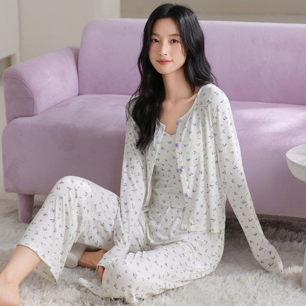 Threaded Colored Cotton Bra-padded Camisole Three-piece Set