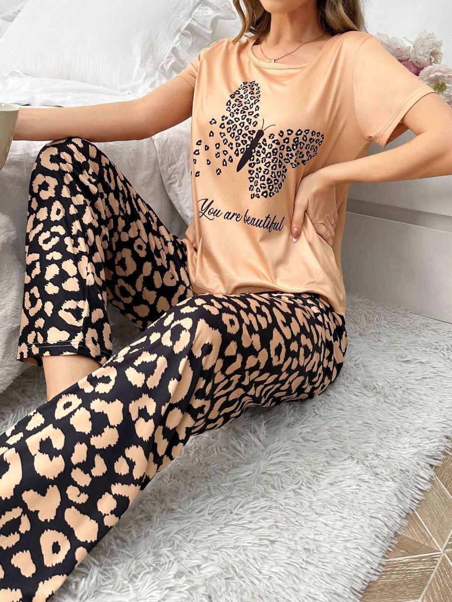 Home Round Neck Printed Short Sleeve T-shirt Top And Trousers Suit
