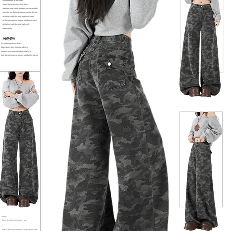 Retro Camouflage Wide-leg Jeans Women's Summer High Street Drape