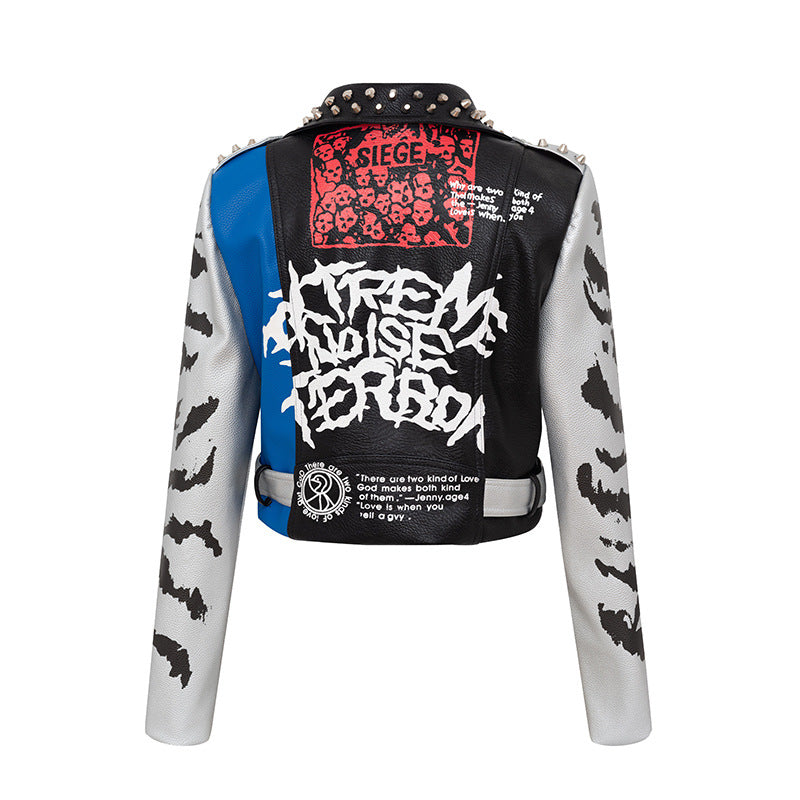 Kurtka motocyklowa z nadrukiem graffiti, krótka, dopasowana skórzana
