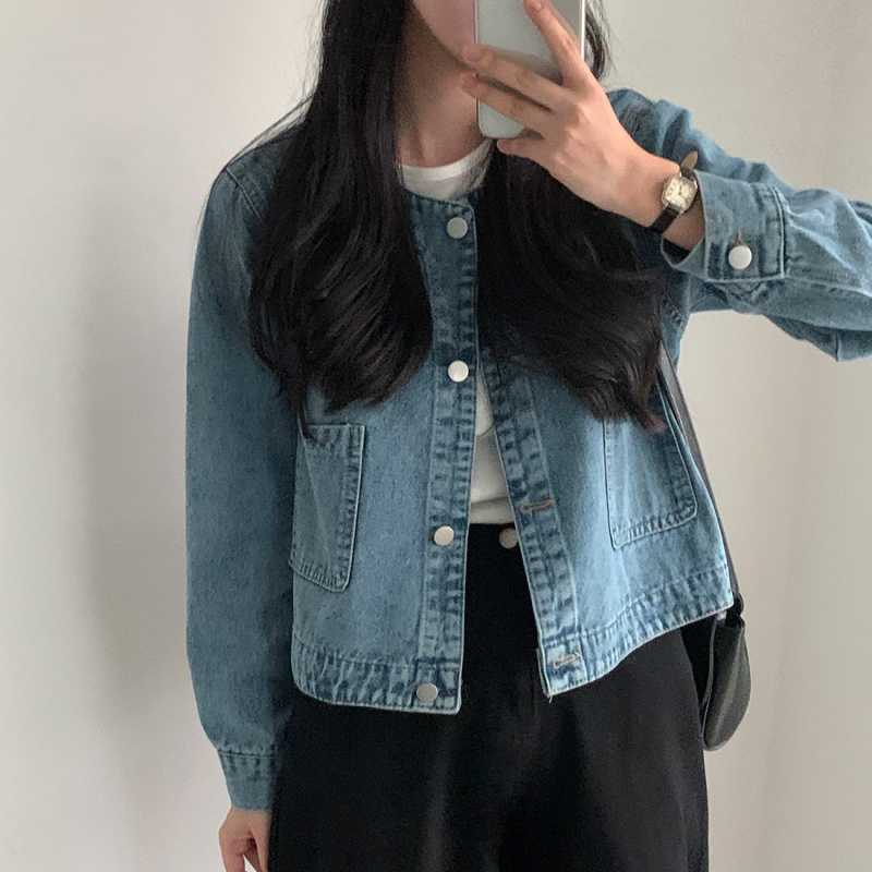 Retro Crew Neck Double Pocket Simple Wash Denim Jacket