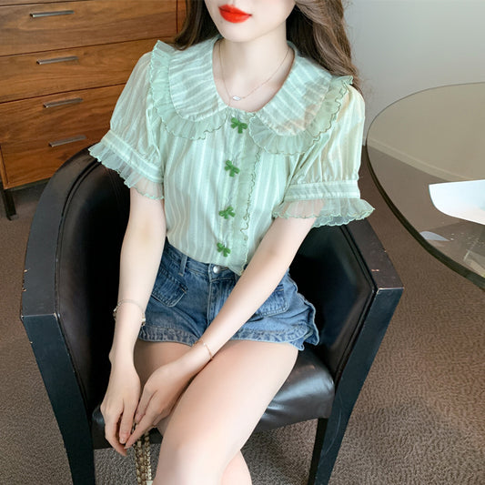 Doll Collar Bell Sleeve Lace Shirt Chiffon Shirt Top