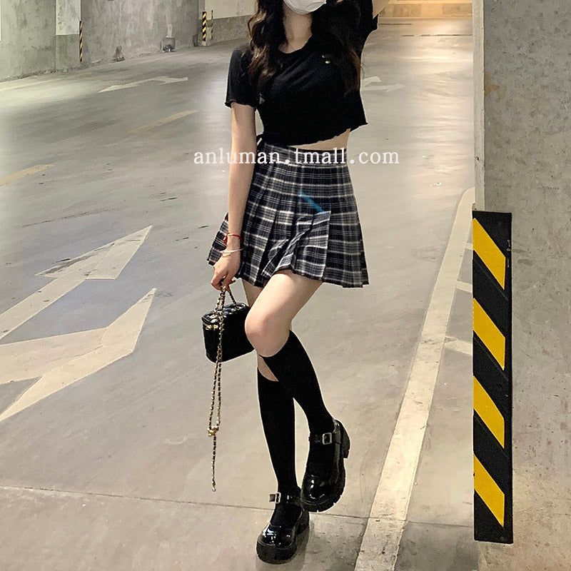 Plaid Pleated Skirt Women's Summer Figure Flattering A- Line Skirt