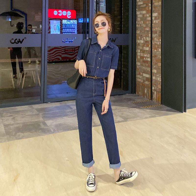 Sommer Ny Kortærmet Jumpsuit Overall Jeans Tøj Dame Jumpsuit