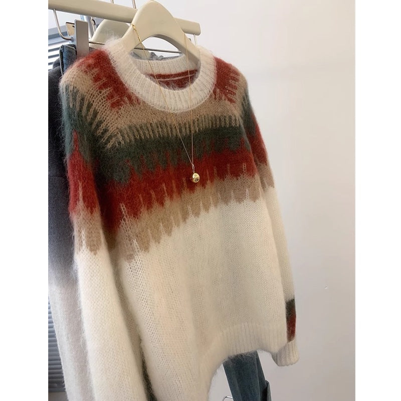 Milk Series Wear Contrast Color Jacquard Round Neck Soft Glutinous Sweater