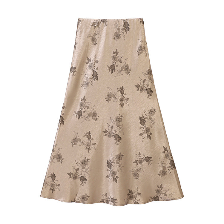 Rose Printed Satin A-line Skirt