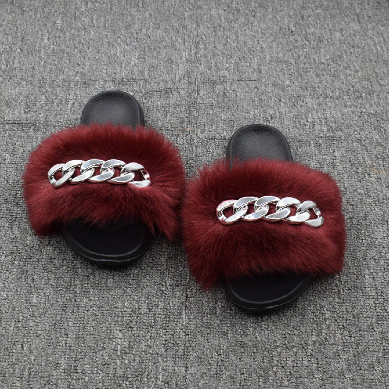 Fur Fur Slippers Chain Faux Fur Flip Flops