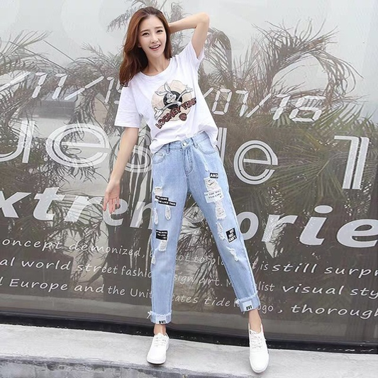 High-rise straight-leg cropped ripped jeans