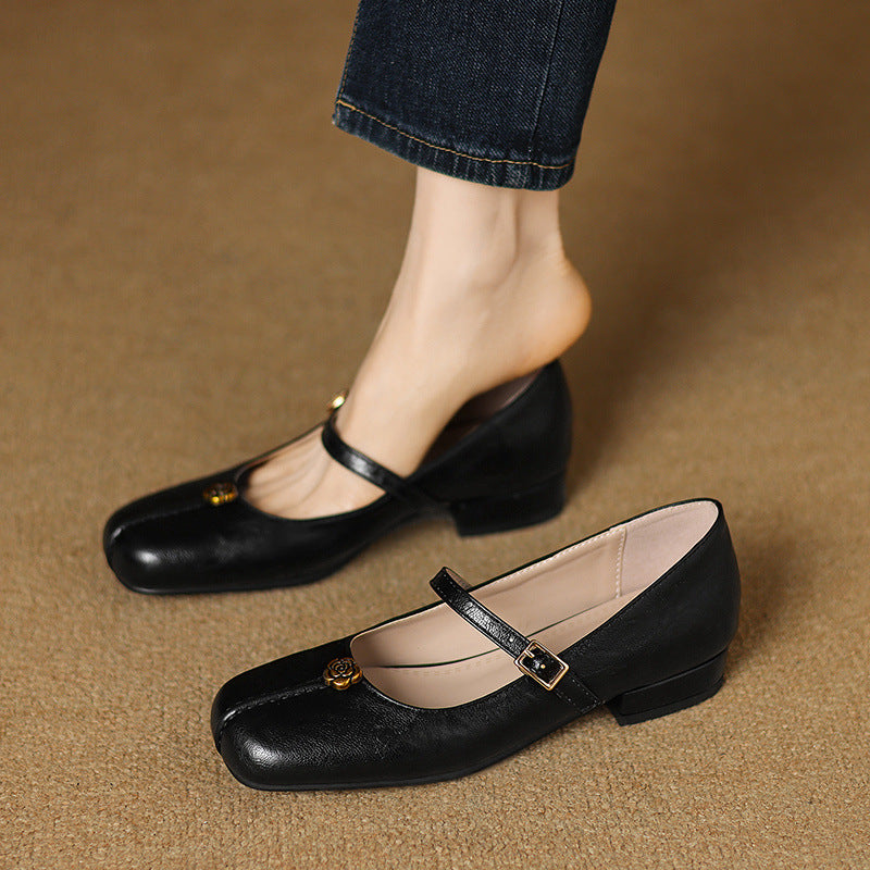 The Woman Is Wearing Low-heeled Mary Jane Shoes