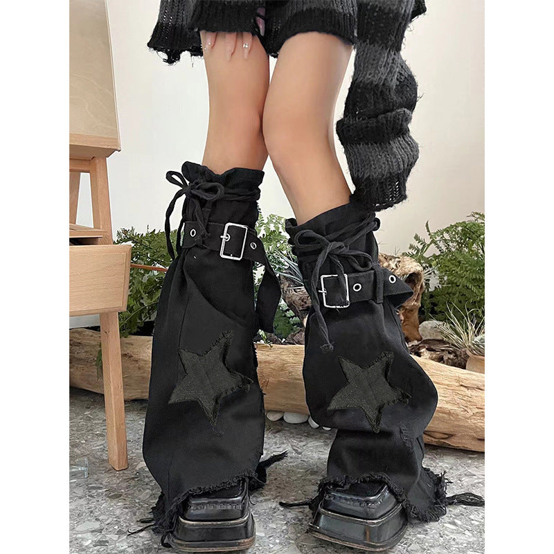Star Embroidery Tie-neck Denim Retro Slightly Flared Women's Pile Tube Socks Leg Warmer