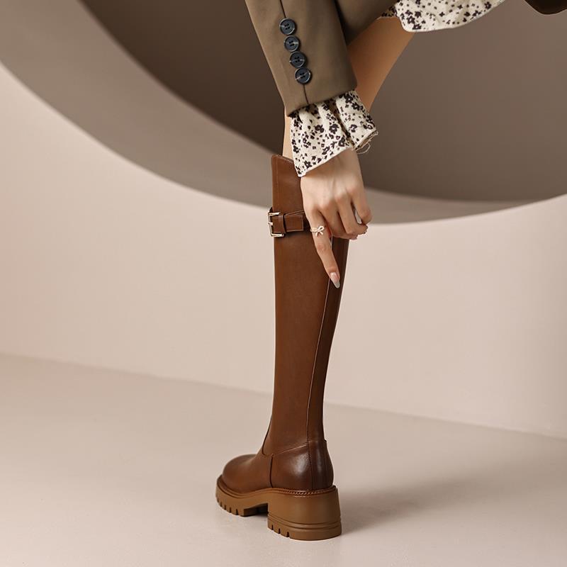 Leather High Heel Knee Boots British Style Round Toe Chunky