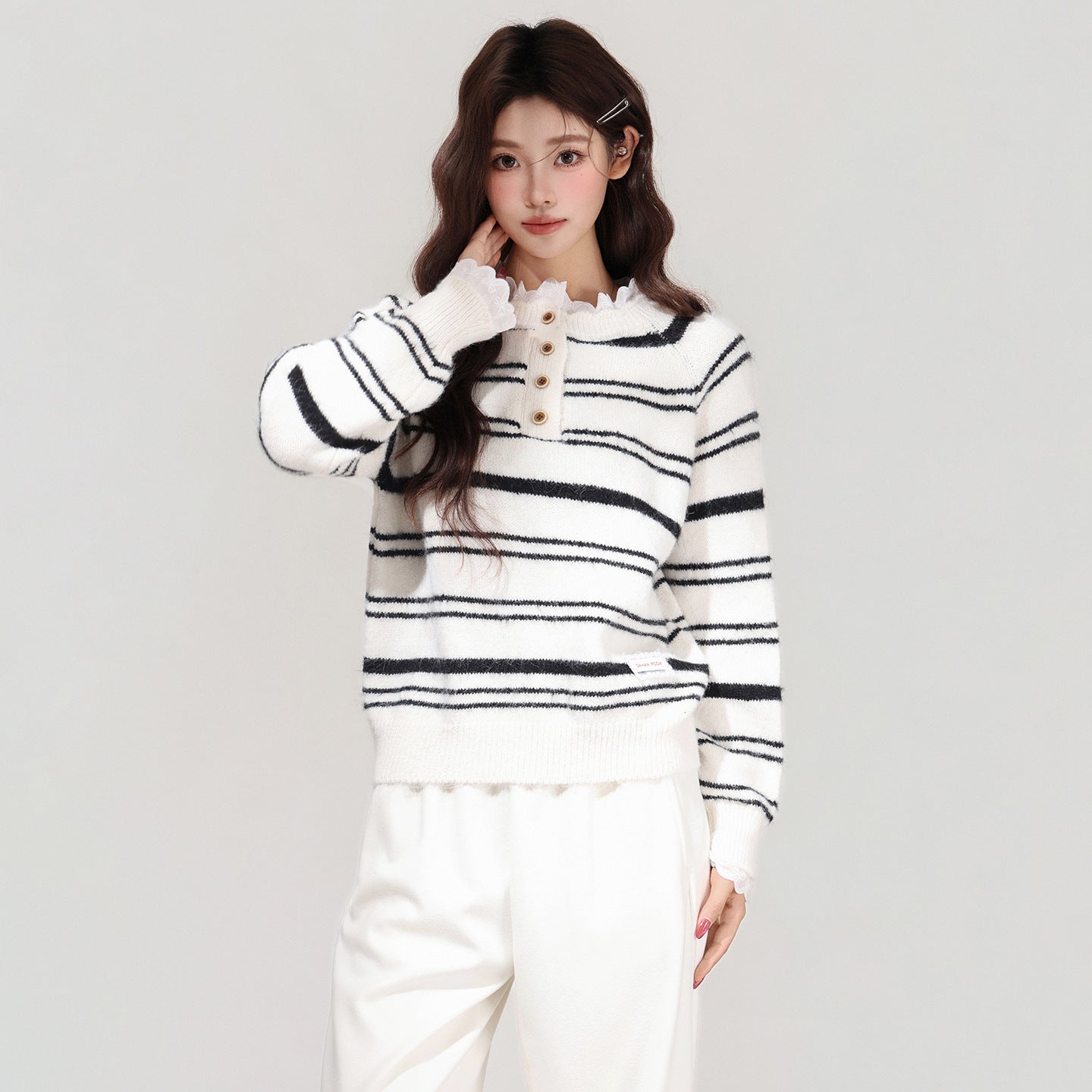 Autumn And Winter Lace Ruffle Color Block Stripe Thickened Knit Sweater
