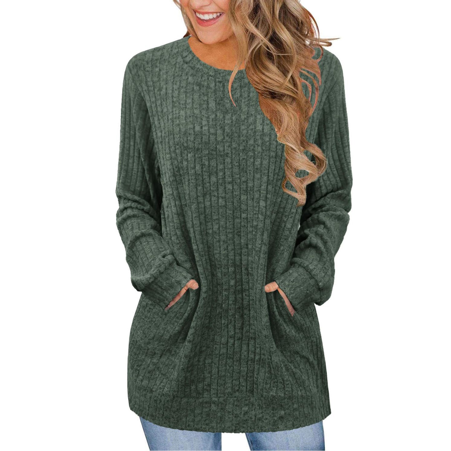 Casual Patchwork Crewneck Long-Sleeve Solid-Color Ribbed Sweater