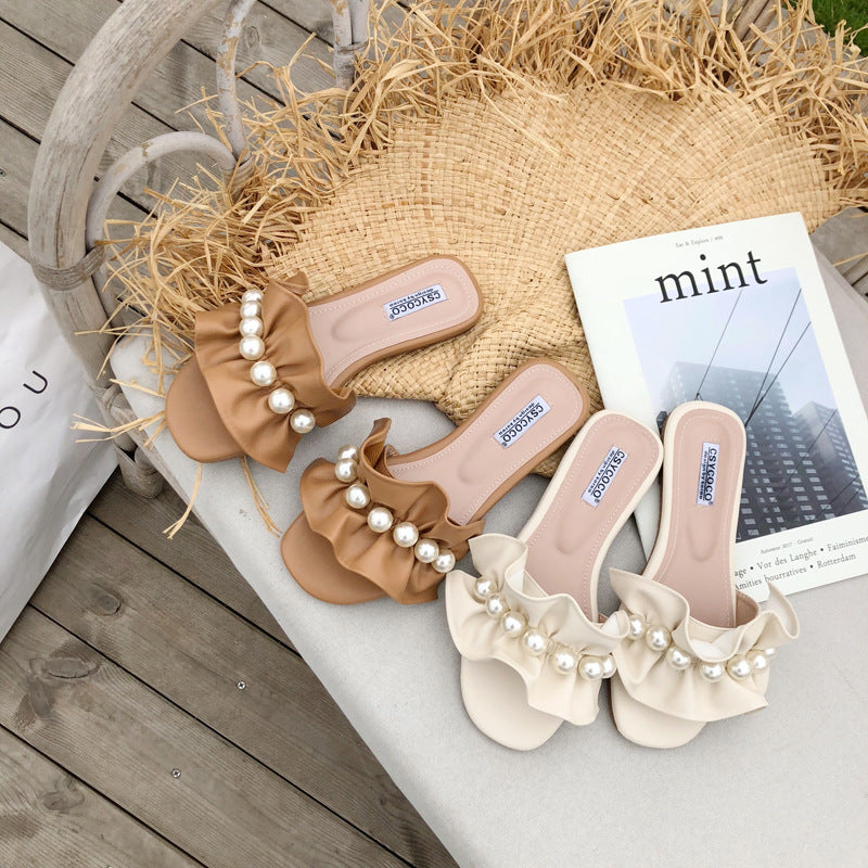 Pure color summer ruffled flat pearl slippers