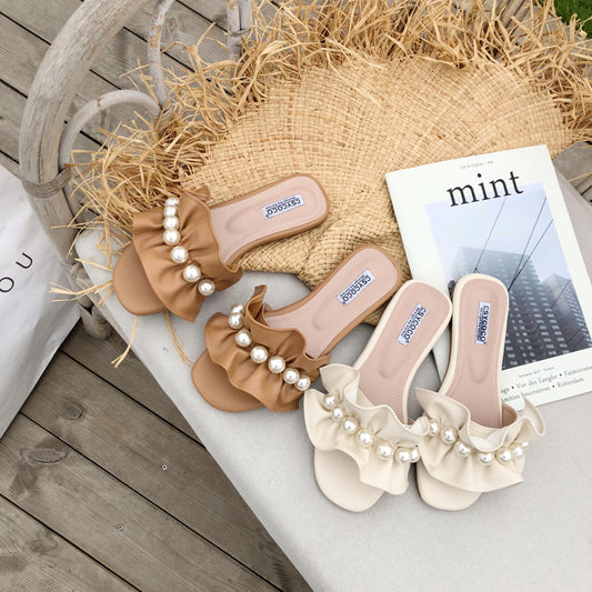Pure color summer ruffled flat pearl slippers