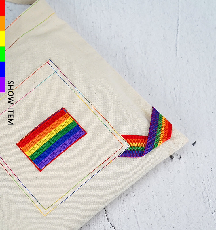 Six Colors Rainbow Canvas Bag LGBT Embroidered Beige Large Shoulder