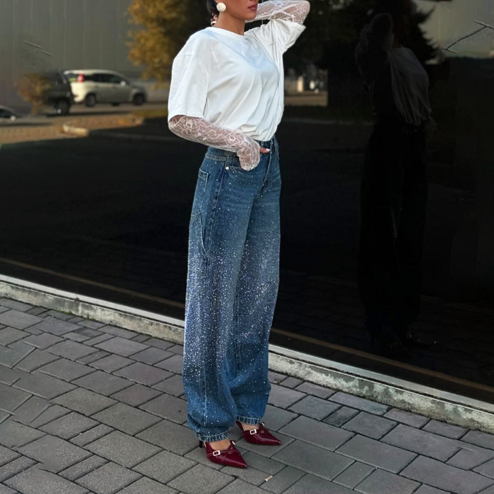 Starry Sky Rhinestone Denim Female Autumn Straight Pants