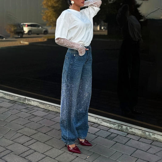 Starry Sky Rhinestone Denim Female Autumn Straight Pants