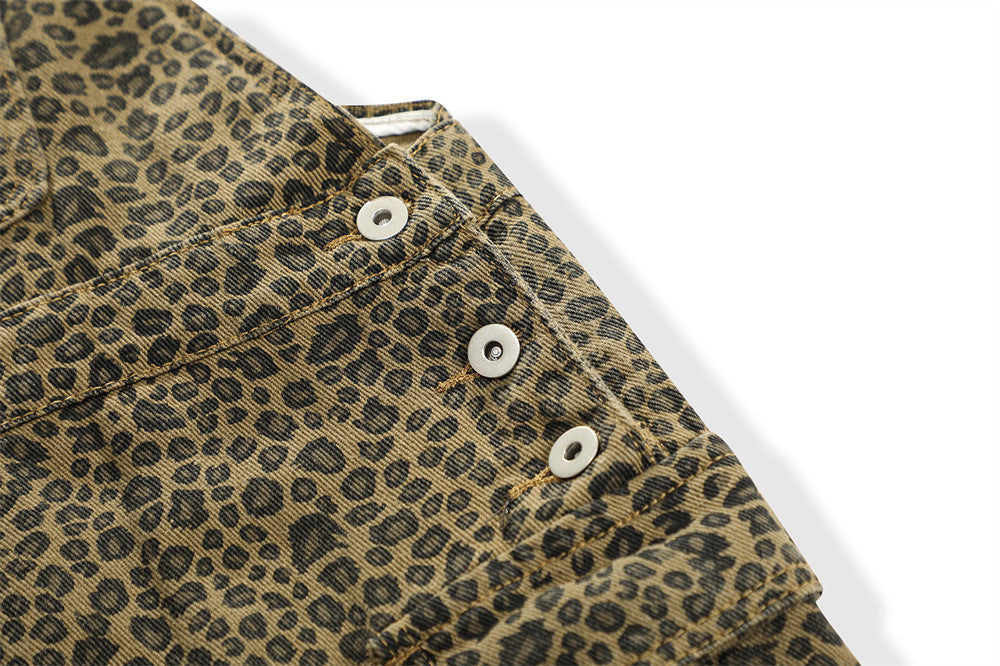 Leopard Print Denim Suspender Pants Men's High Street Loose