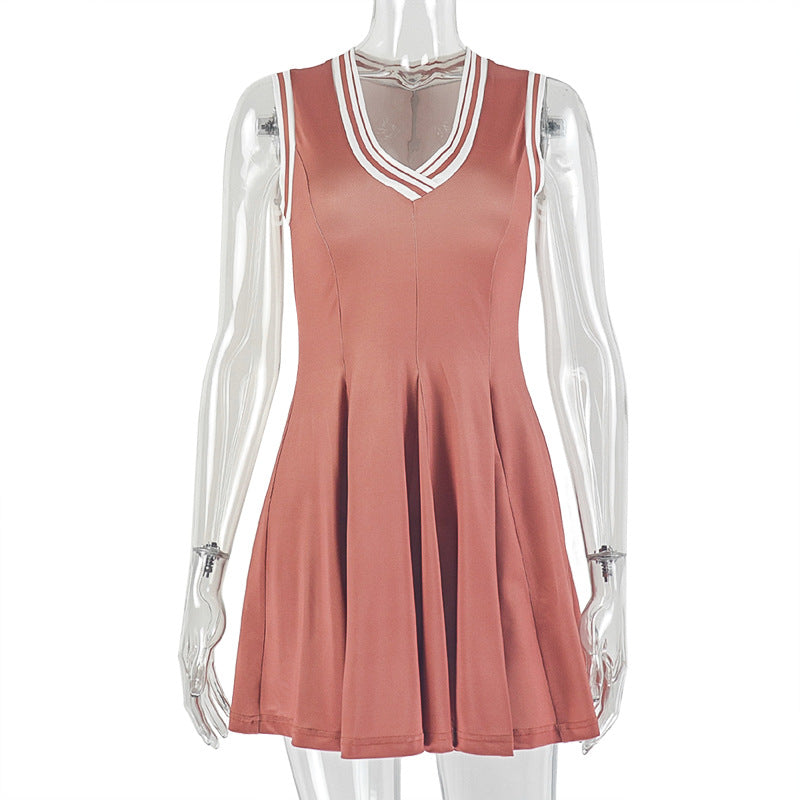 Patchwork Pleated Waist A Line Sleeveless Short Dress