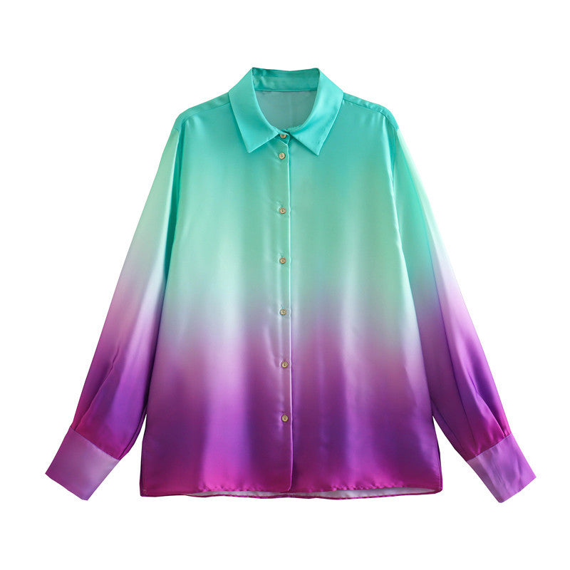Long Sleeve Tie-dyed Loose Shirt Silk Satin Pleated Suit Women
