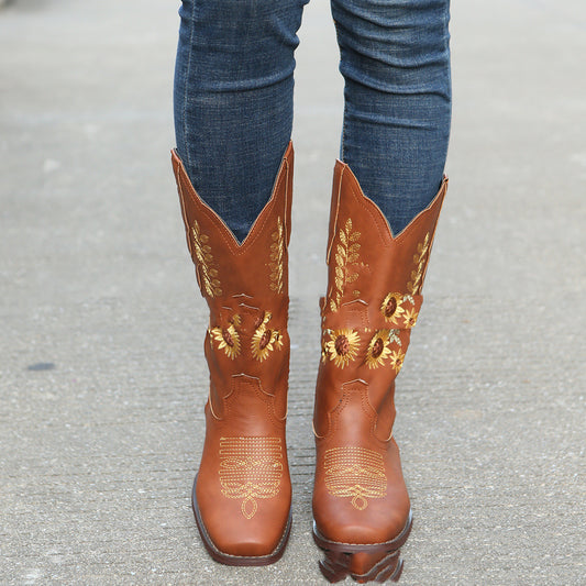 Boots Flat-bottomed Large Size Embroidery Sunflower