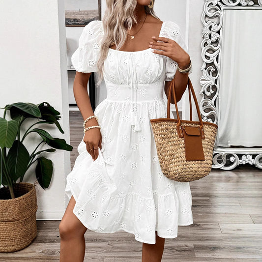 Solid-color Square-neck Short-sleeve Dress