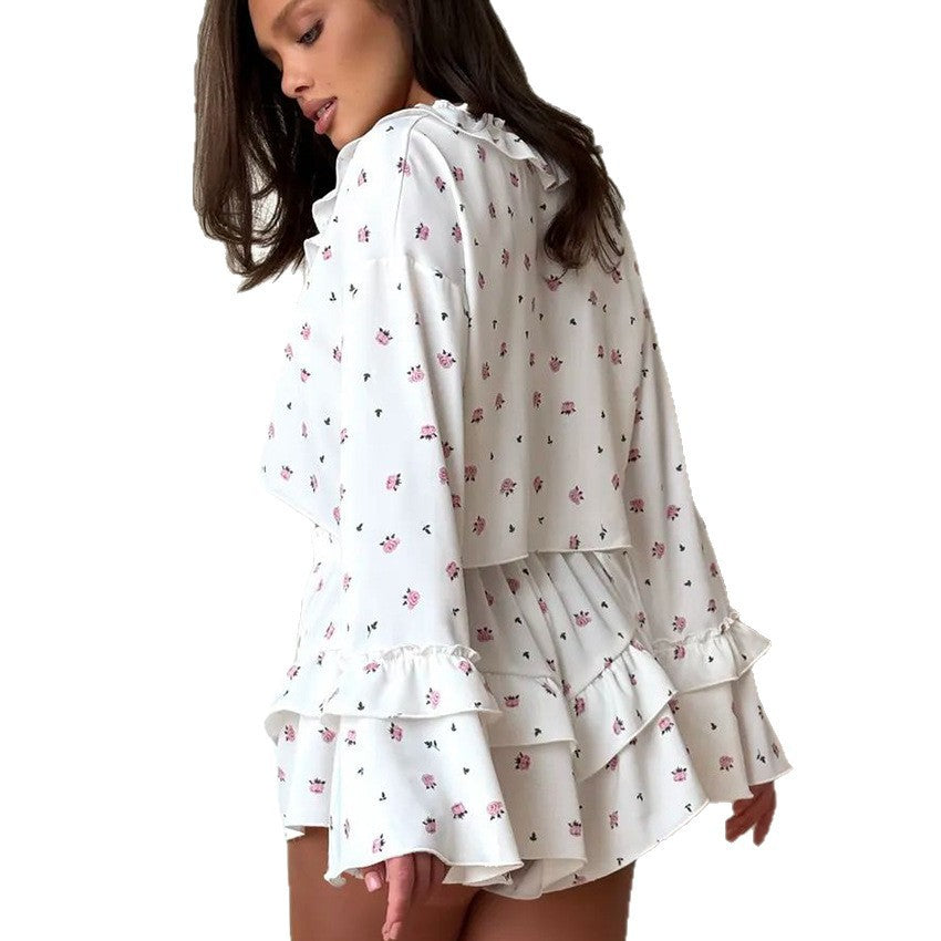 Floral-print Ruffled Trim Comfortable Long-sleeve Top And Shorts Set