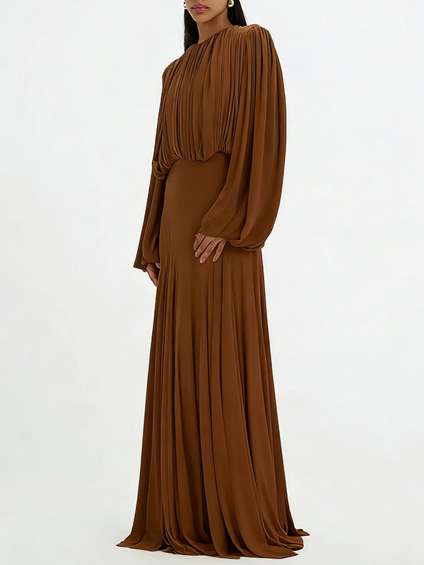 Pleated Patchwork Waist-cinching Long Dress