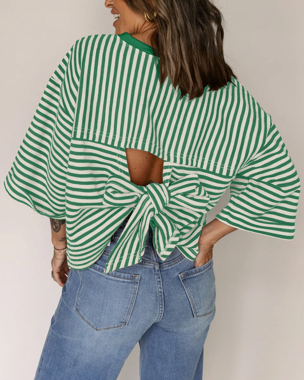 Womens Crew-Neck Striped Knitted Top With Back Tie Bow