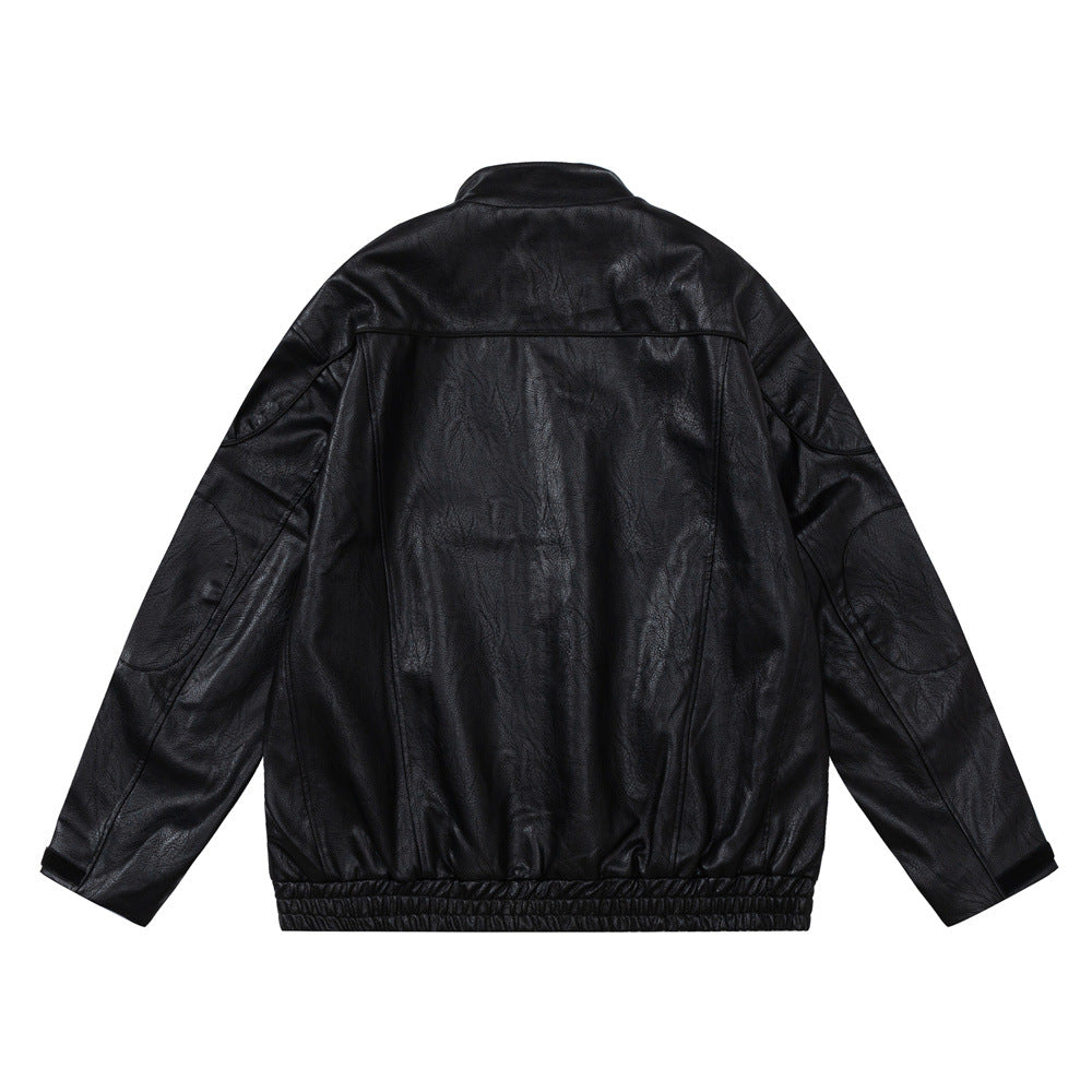 Loose Casual Deconstructing Patchwork Stand-up Collar PU Leather Jacket Coat