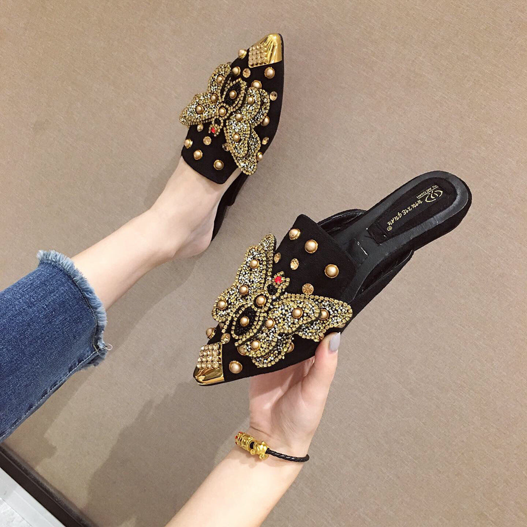 New Rhinestone Butterfly Pointed Baotou Lazy Slippers