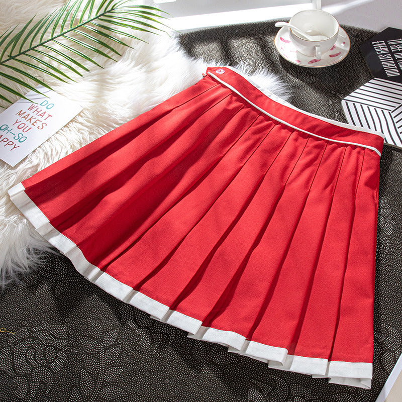 Contrast Color Pleated High-waisted Red New Year A- Line Skirt