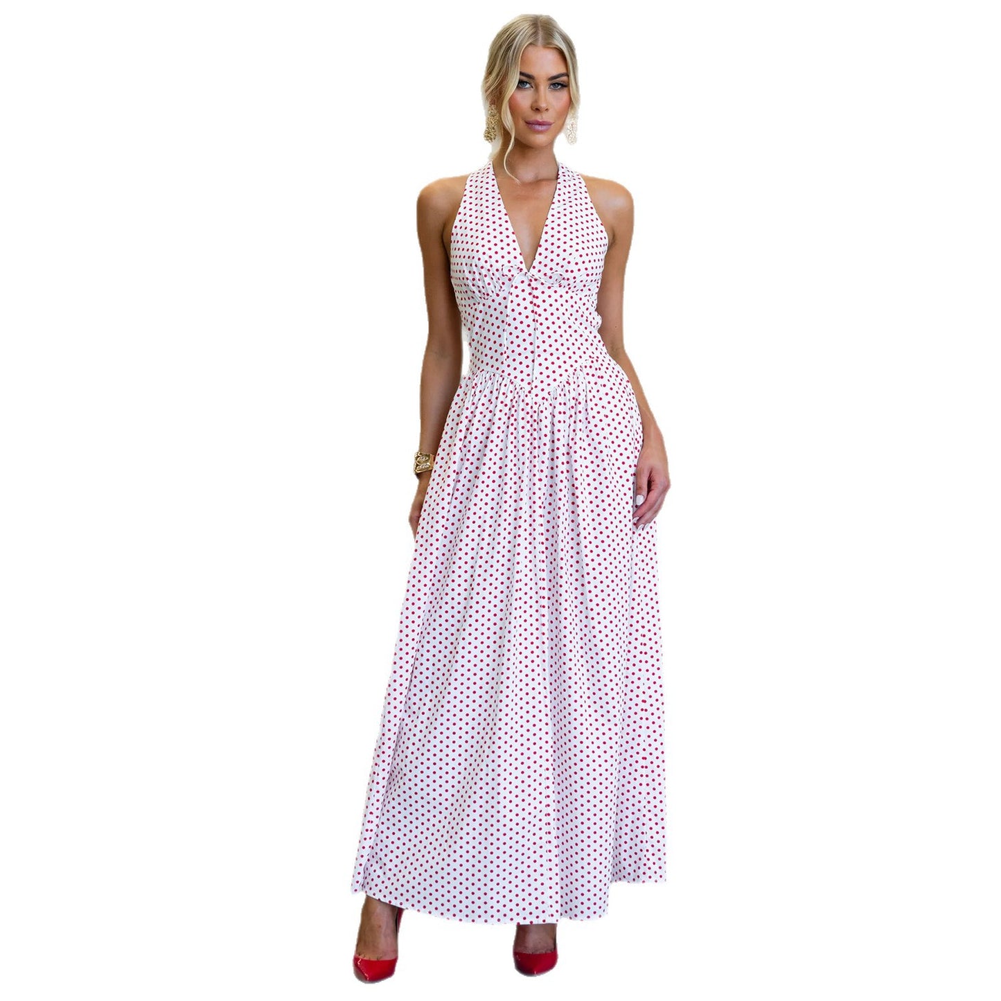 Polka-dot Halter Deep-V Dress Women's
