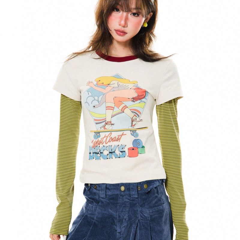 Cartoon-print Faux Two-piece Long-sleeve Top