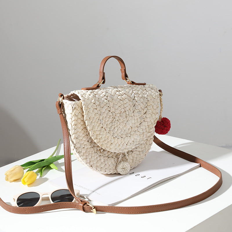 Cute Fur Ball One-shoulder Portable Straw Bag