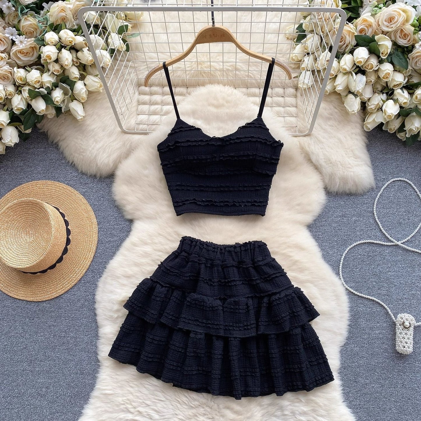 Lace Camisole And Ruffled Short Skirt Set