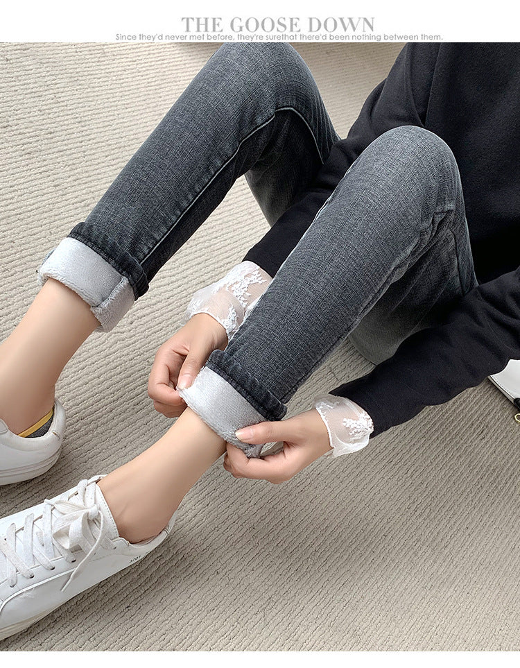 Women's Retro Blue Skinny Pants With Fleece Feet