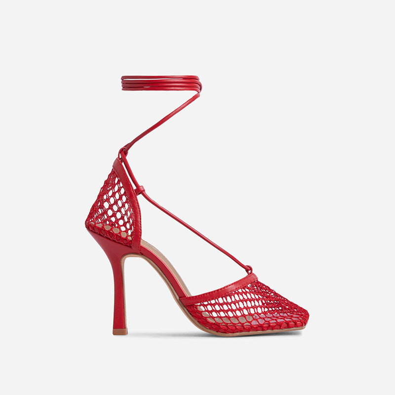 New Mesh Hollow Ankle Strap High-heeled Women's Shoes With Square Toe