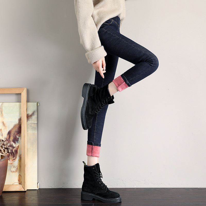 Plush padded high-waisted jeans women's feet pants