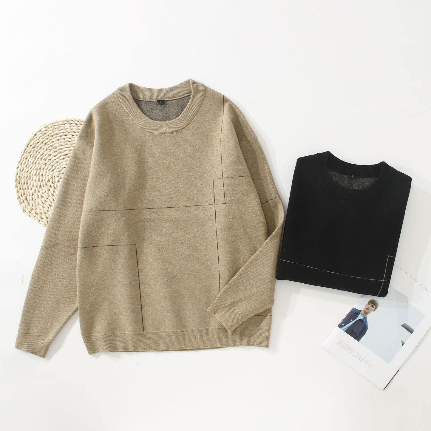 Uregelmæssige linjer, rundhalset langærmet sweater til mænd