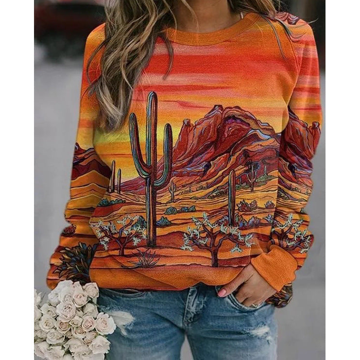 Landscape Flower Floral Print Long Sleeve Pullover