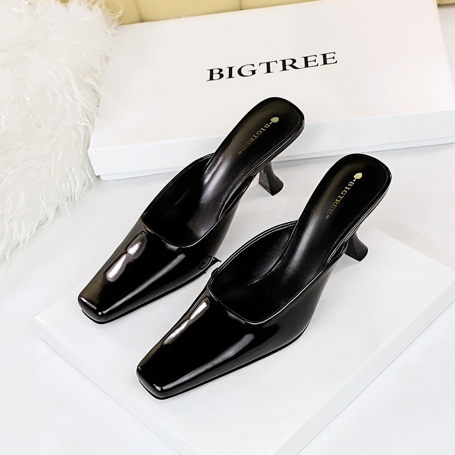 Simple High-heeled Square-toe Shallow-mouth Glossy Patent Leather Slippers