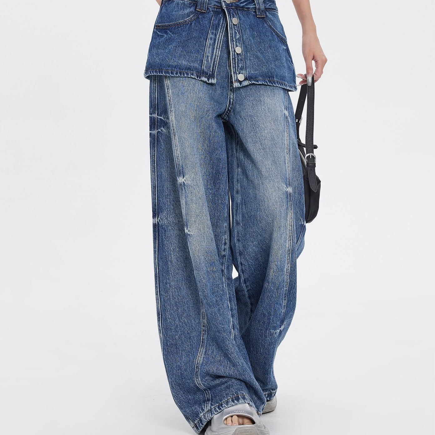 Retro Distressed Faux Two-piece Design Wide-leg Denim Jeans