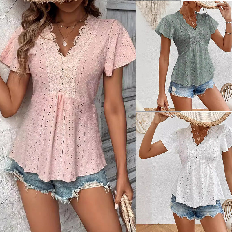 Sommer ny flæseærmet blonde V-hals syning hul jacquard kortærmet top