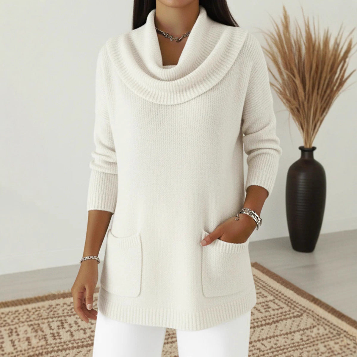 Solid-color Pocketed Long-sleeve Sweater