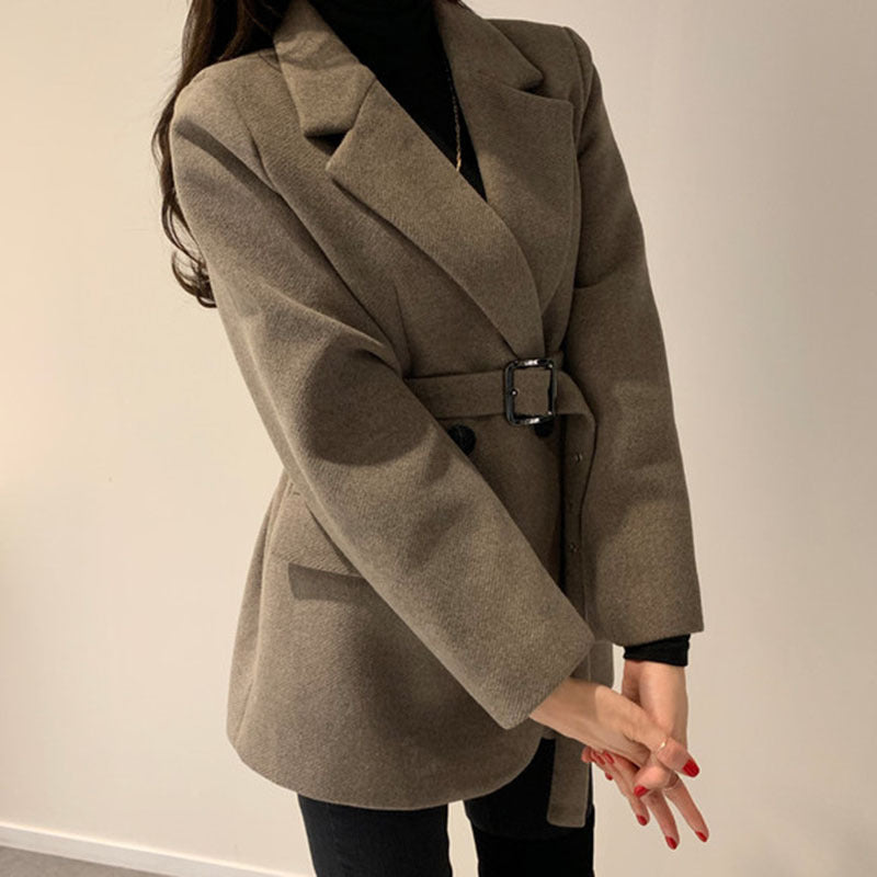 French Retro Suit Collar Two-button Slim Long-sleeved Cardigan Woolen Coat