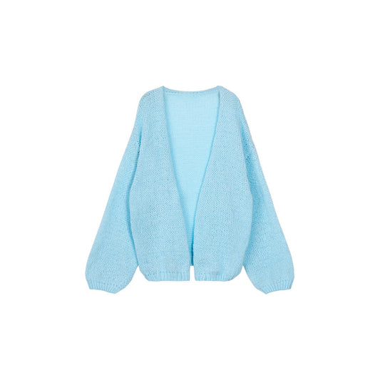 Blue Lantern Sleeve Knitted Cardigan For Women Autumn And Winter