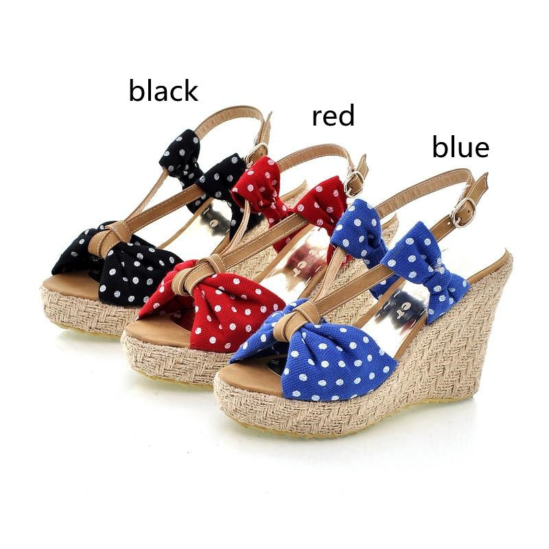 Sweet And Cute Polka-dot Open-toed Platform Hemp Wedging Wedge Sandals
