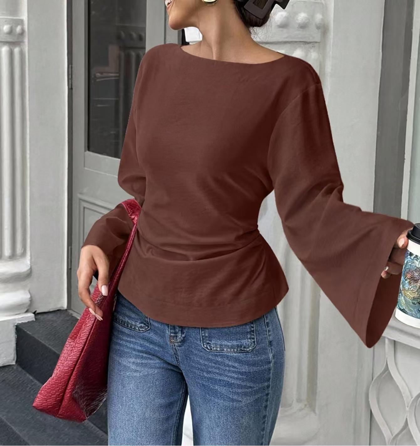 Flared Long Sleeve Pullover Women's Clothing